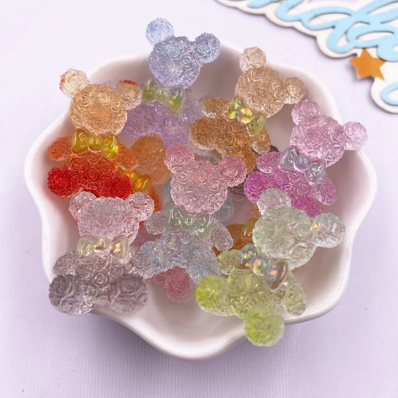 10PCS Colorful Resin Cartoon Bow Crystal Rose Bear Figurines Flatback Rhinestone DIY Wedding Decor Scrapbooks Accessories Crafts